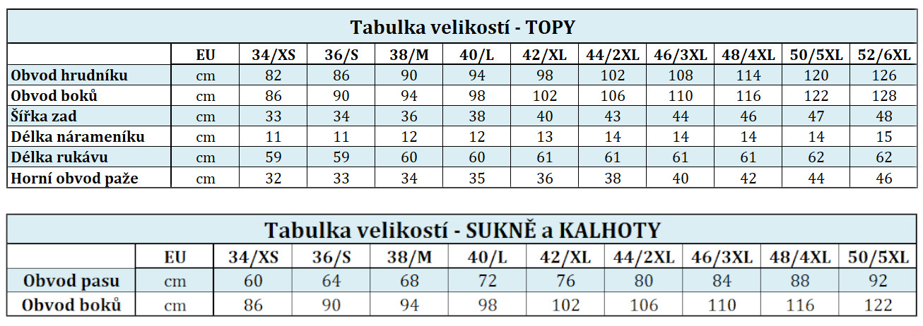 Tabulka velikostí dvoudílné šaty CZ